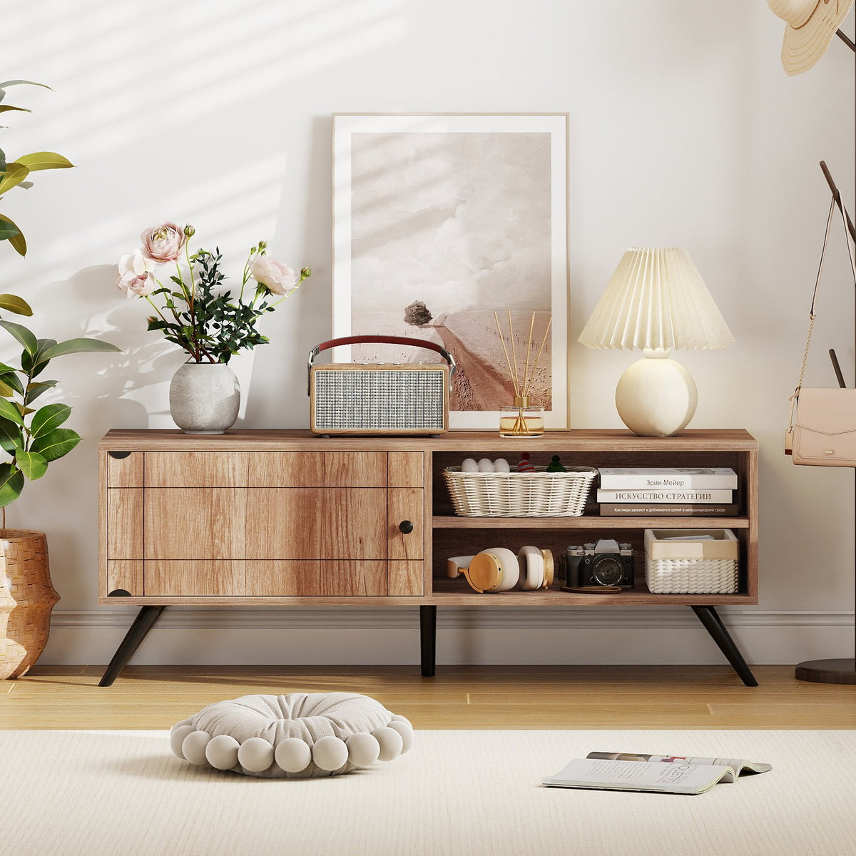 TV Stand for TVs up to 55 Inch Mid Century Modern Entertainment Center with Storage Cabinet-Oak view 6