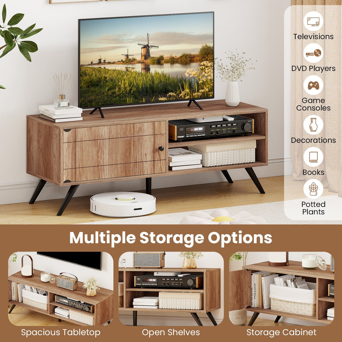 TV Stand for TVs up to 55 Inch Mid Century Modern Entertainment Center with Storage Cabinet-Oak view 9