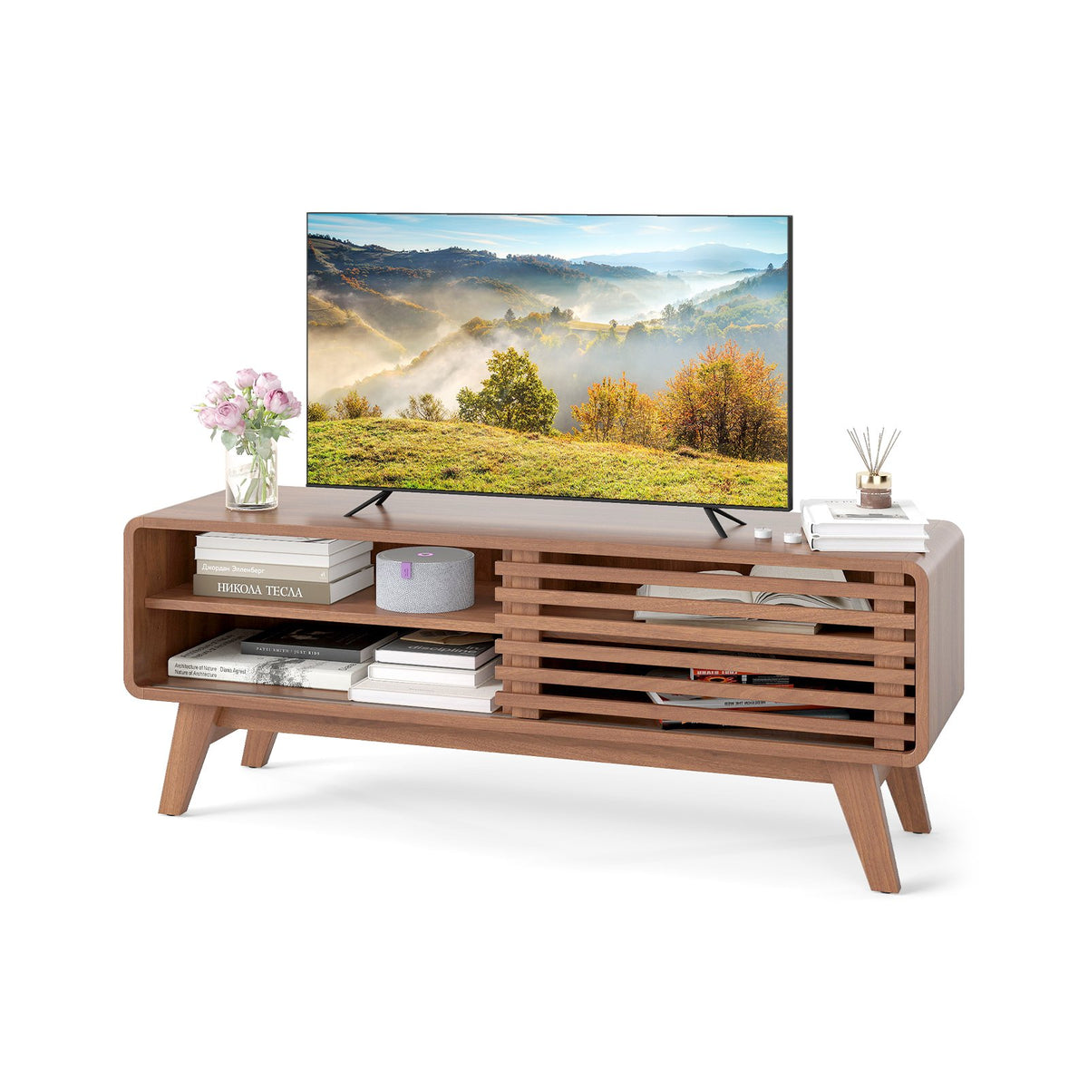 TV Stand for TVs up to 55 inches with Sliding Door and Adjustable Shelves for Living Room-Brown
