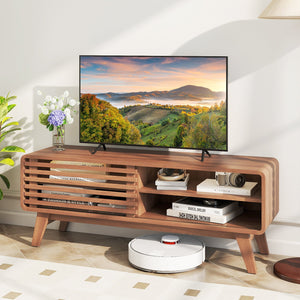 TV Stand for TVs up to 55 inches with Sliding Door and Adjustable Shelves for Living Room-Brown view 2
