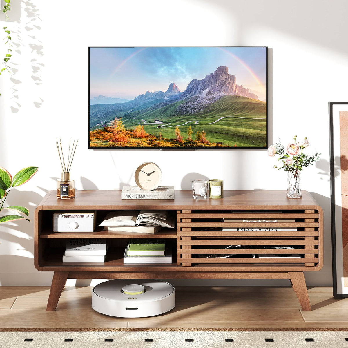 TV Stand for TVs up to 55 inches with Sliding Door and Adjustable Shelves for Living Room-Brown view 3