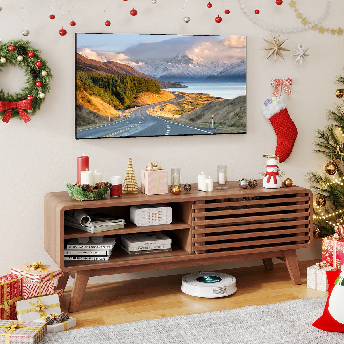 TV Stand for TVs up to 55 inches with Sliding Door and Adjustable Shelves for Living Room-Brown view 6