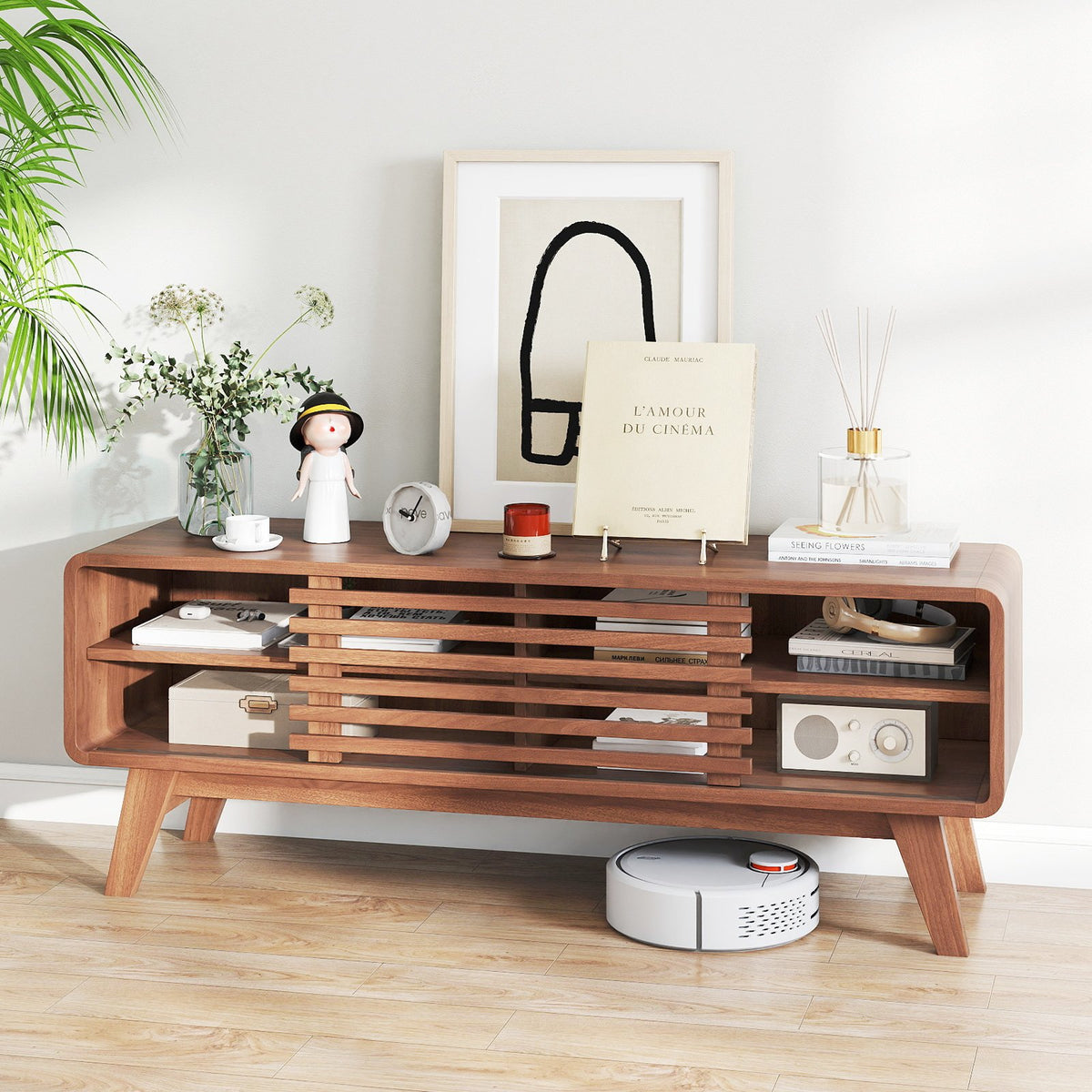 TV Stand for TVs up to 55 inches with Sliding Door and Adjustable Shelves for Living Room-Brown view 7