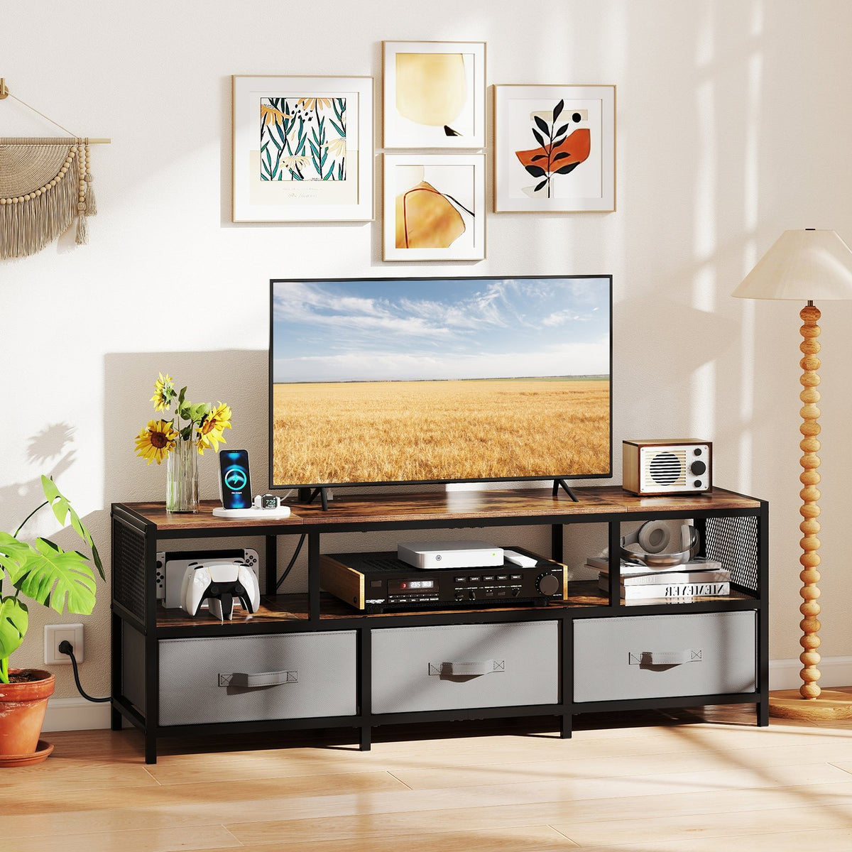 TV Stand for TVs up to 65 Inches with Power Outlets USB Charging-Rustic Brown view 2