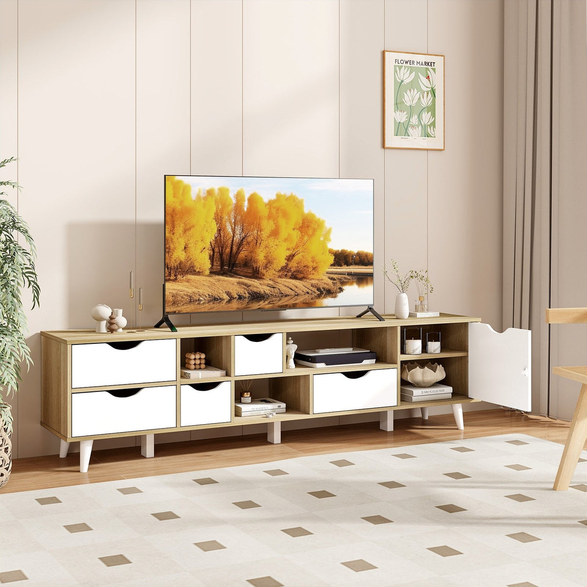 TV Stand for TVs up to 65” Television Cabinet w/ 5 Drawers & 3 Open Shelves-Oak view 2