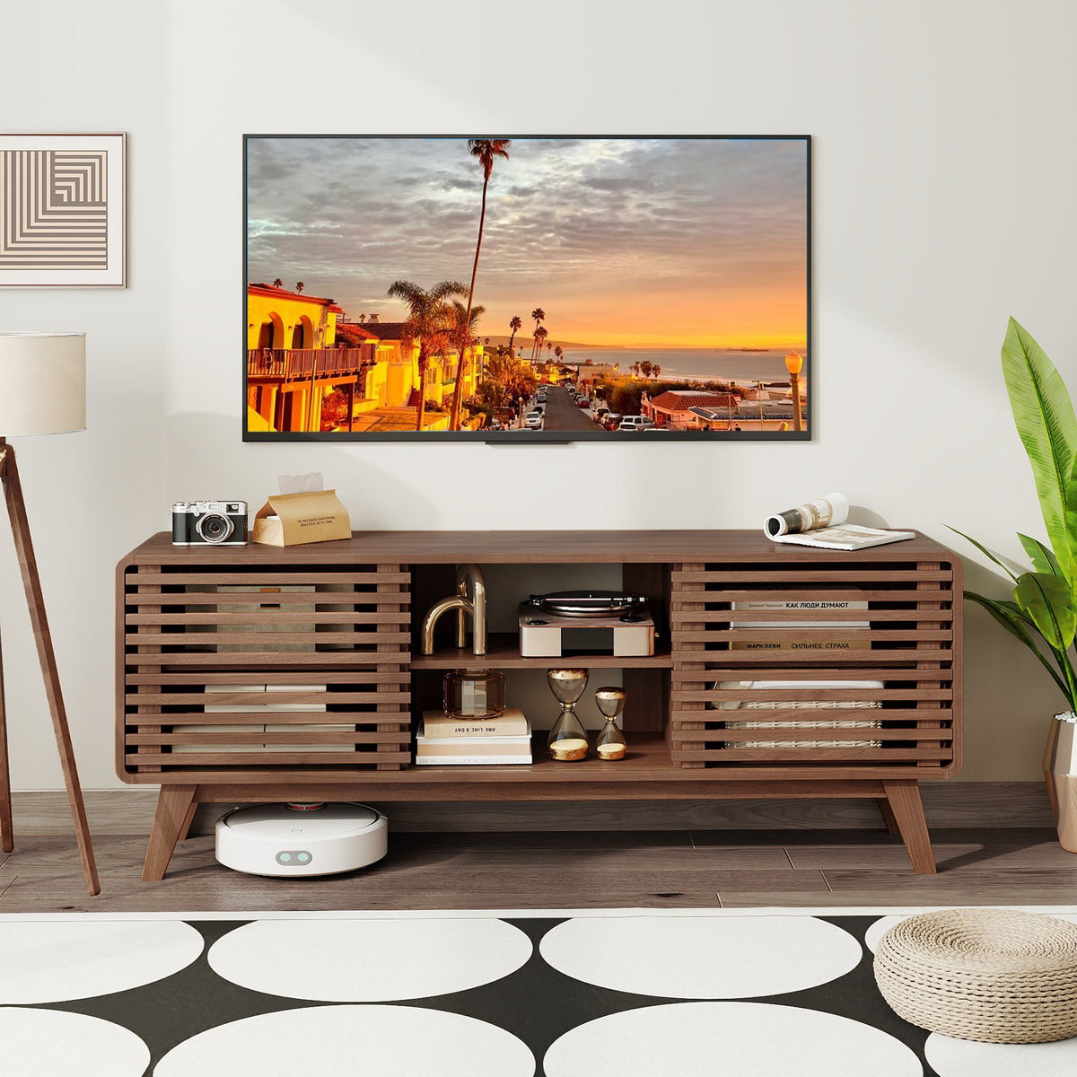 TV Stand for TVs up to 65 inches with Sliding Doors and Adjustable Shelves for Living Room-Walnut view 2