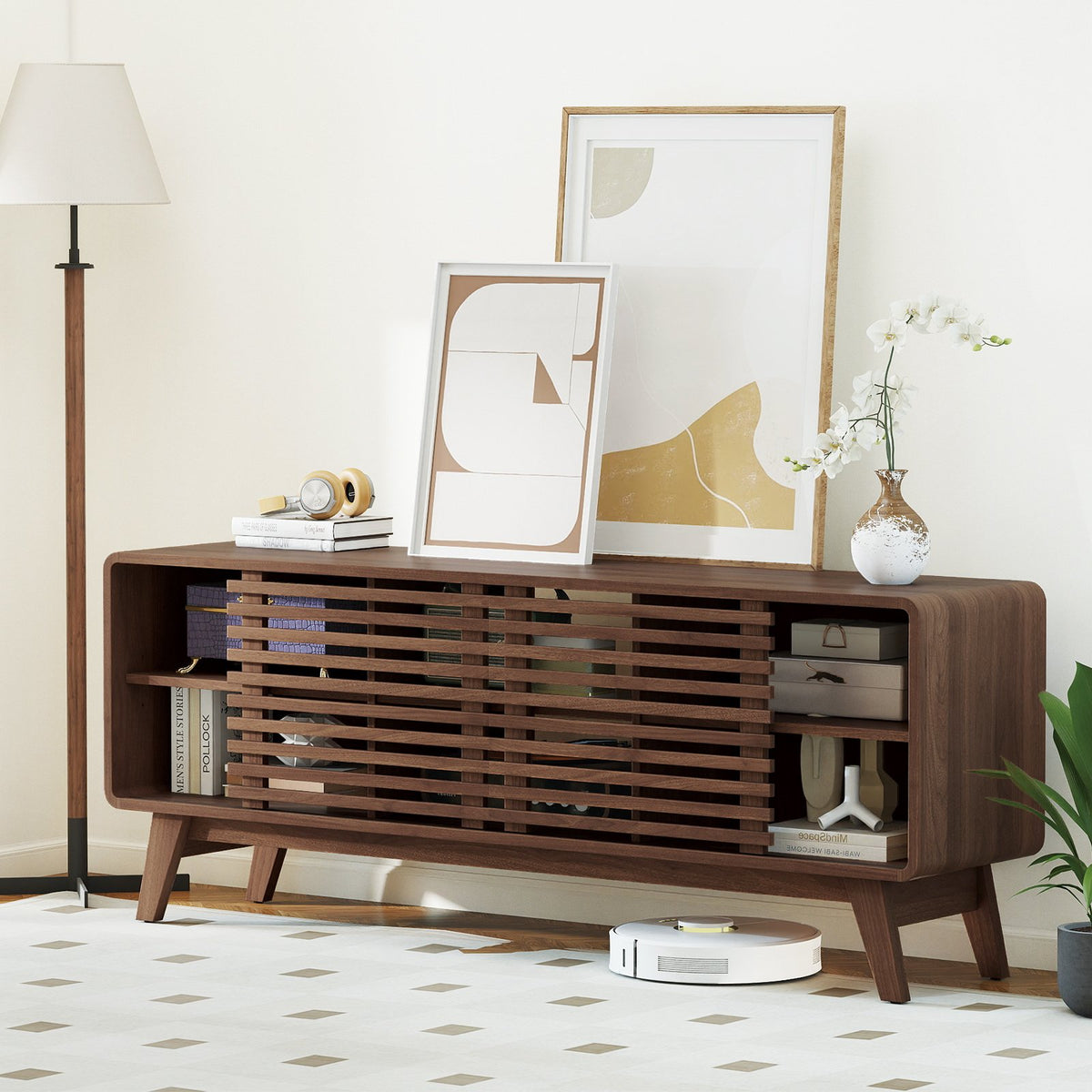 TV Stand for TVs up to 65 inches with Sliding Doors and Adjustable Shelves for Living Room-Walnut view 5