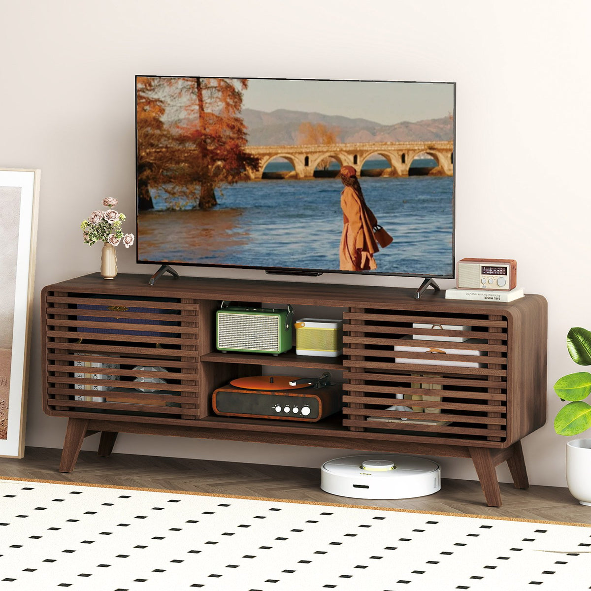 TV Stand for TVs up to 65 inches with Sliding Doors and Adjustable Shelves for Living Room-Walnut view 6