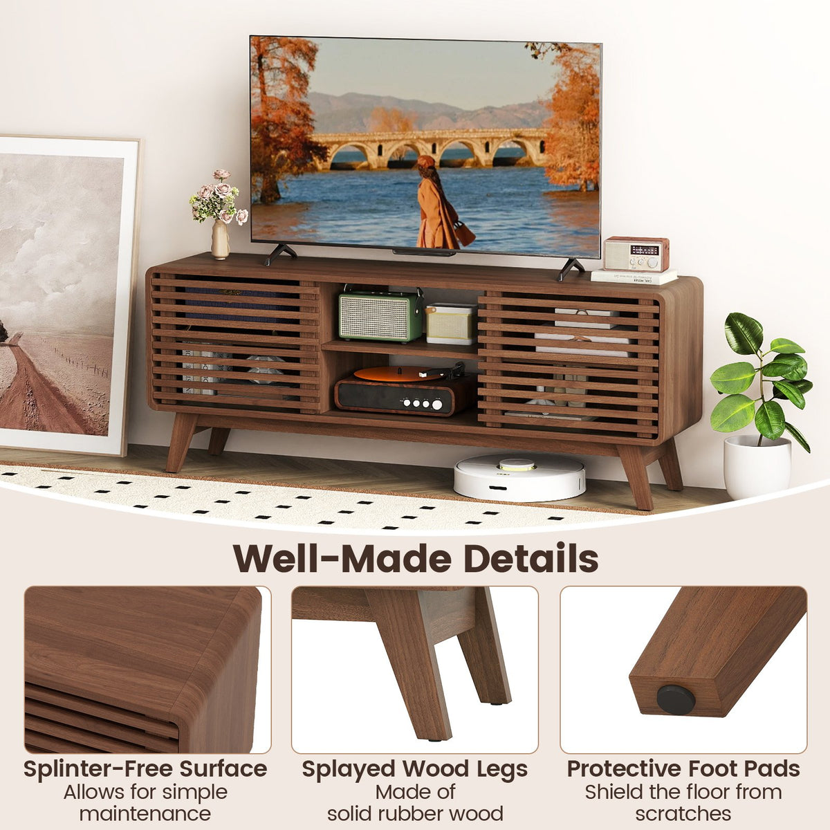 TV Stand for TVs up to 65 inches with Sliding Doors and Adjustable Shelves for Living Room-Walnut view 8