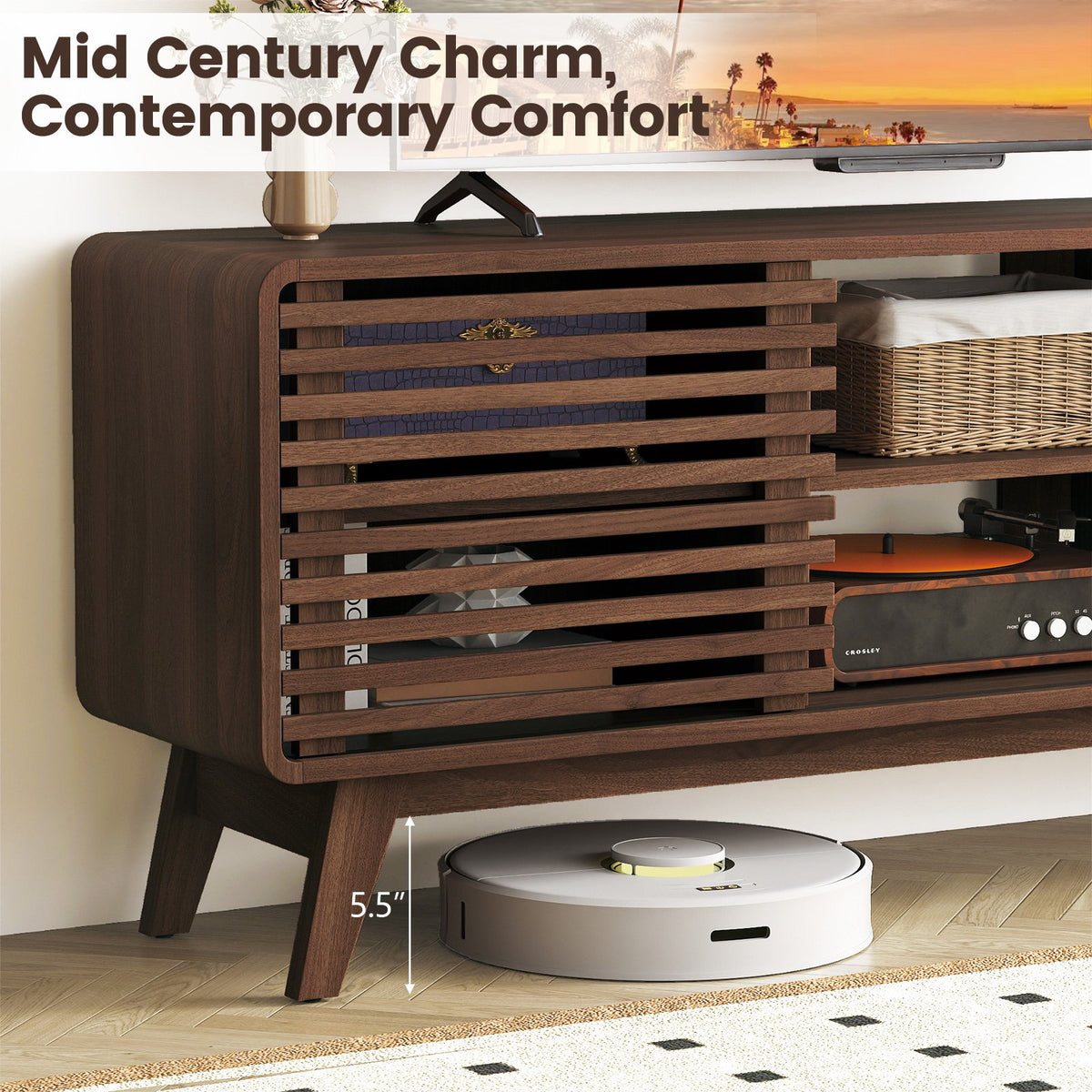 TV Stand for TVs up to 65 inches with Sliding Doors and Adjustable Shelves for Living Room-Walnut view 9