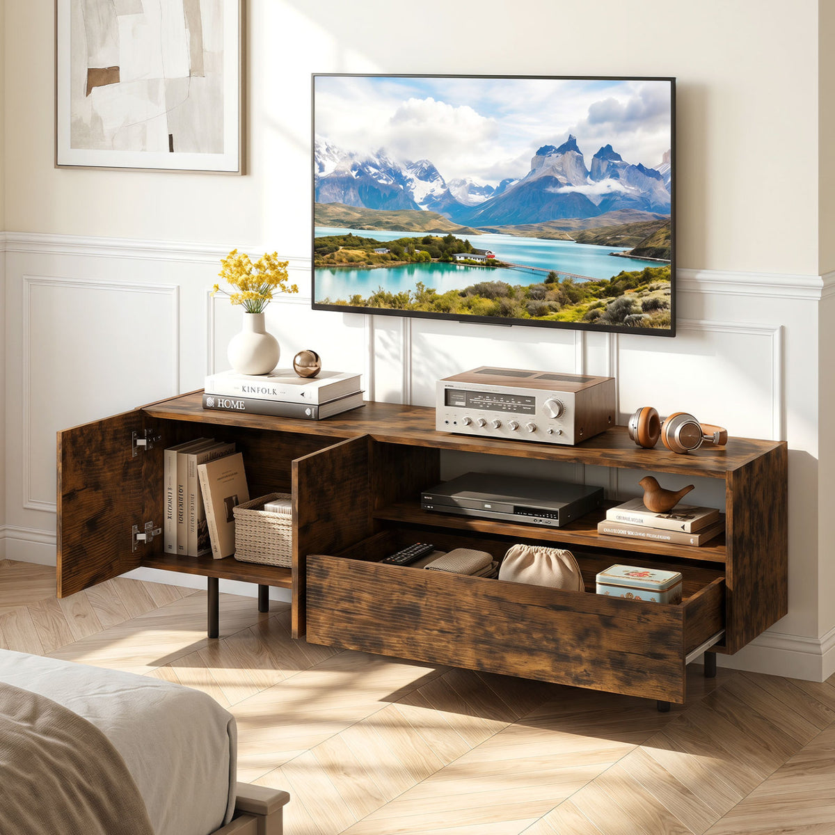 TV Stand for TVs up to 70 inches with Storage Cabinet and Raised Metal Legs-Rustic Brown view 3