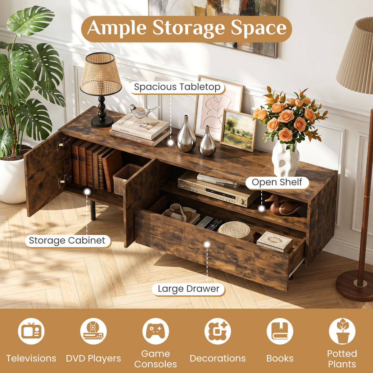 TV Stand for TVs up to 70 inches with Storage Cabinet and Raised Metal Legs-Rustic Brown view 6