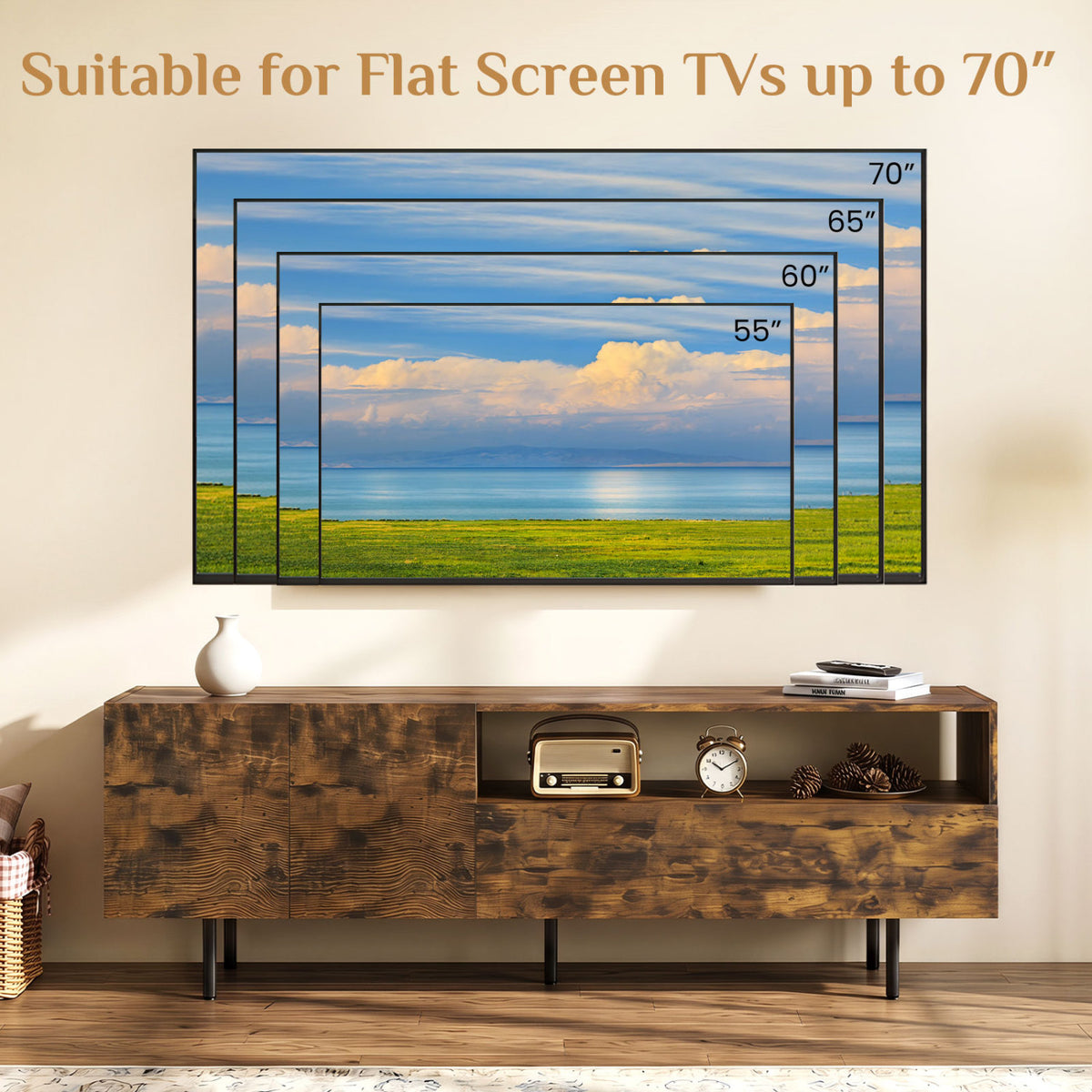 TV Stand for TVs up to 70 inches with Storage Cabinet and Raised Metal Legs-Rustic Brown view 7