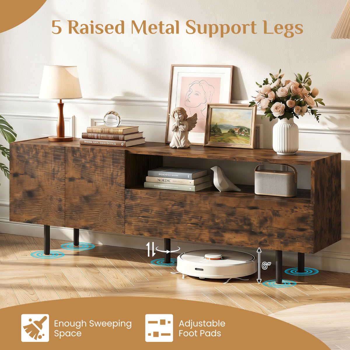 TV Stand for TVs up to 70 inches with Storage Cabinet and Raised Metal Legs-Rustic Brown view 9