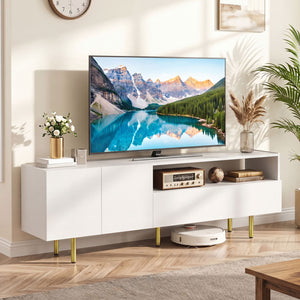 TV Stand for TVs up to 70 inches with Storage Cabinet and Raised Metal Legs-White view 2
