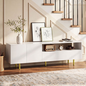 TV Stand for TVs up to 70 inches with Storage Cabinet and Raised Metal Legs-White view 3
