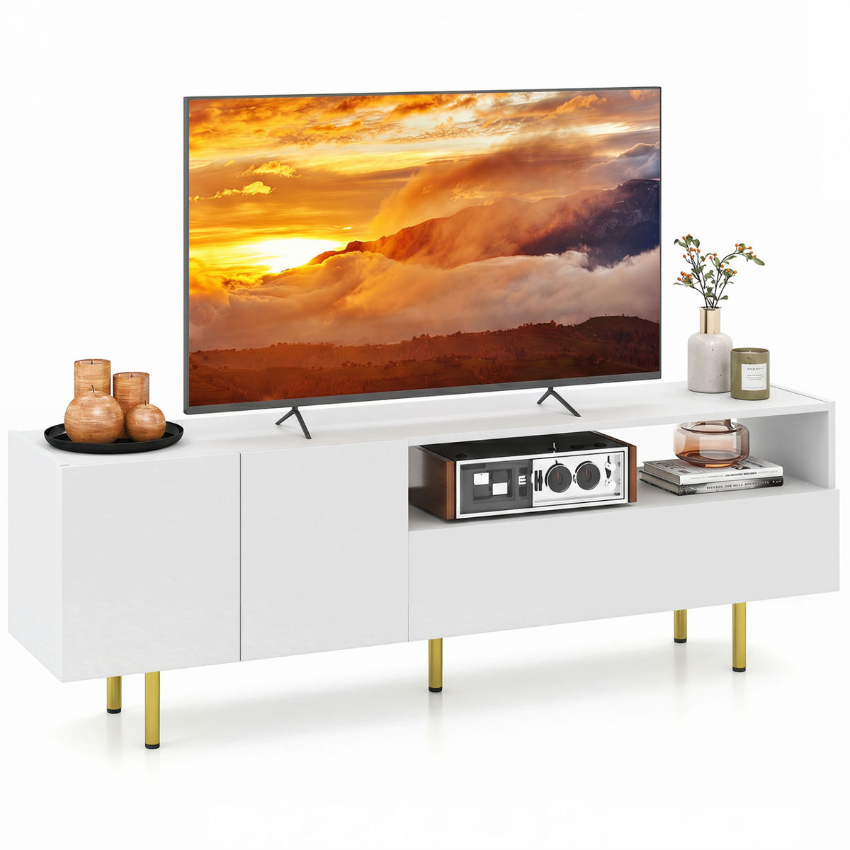TV Stand for TVs up to 70 inches with Storage Cabinet and Raised Metal Legs-White view 4
