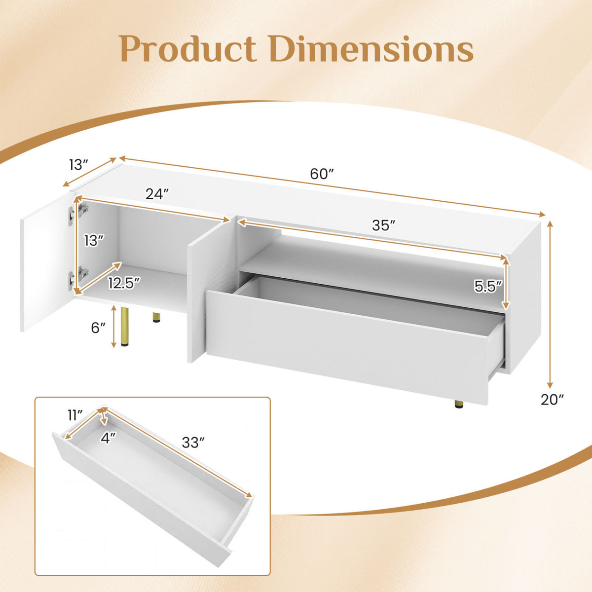 TV Stand for TVs up to 70 inches with Storage Cabinet and Raised Metal Legs-White view 5