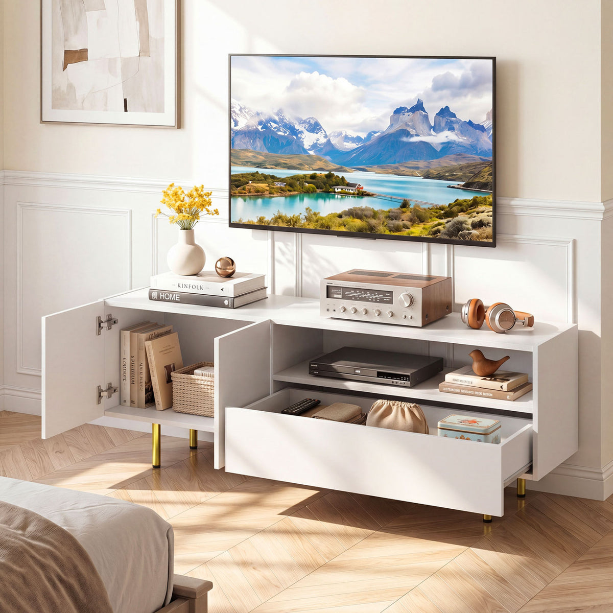 TV Stand for TVs up to 70 inches with Storage Cabinet and Raised Metal Legs-White view 6