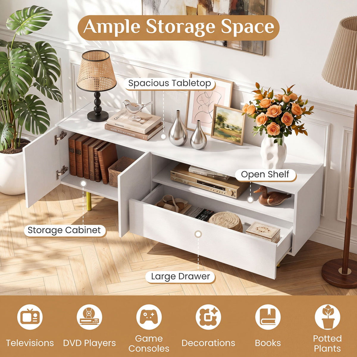 TV Stand for TVs up to 70 inches with Storage Cabinet and Raised Metal Legs-White view 7