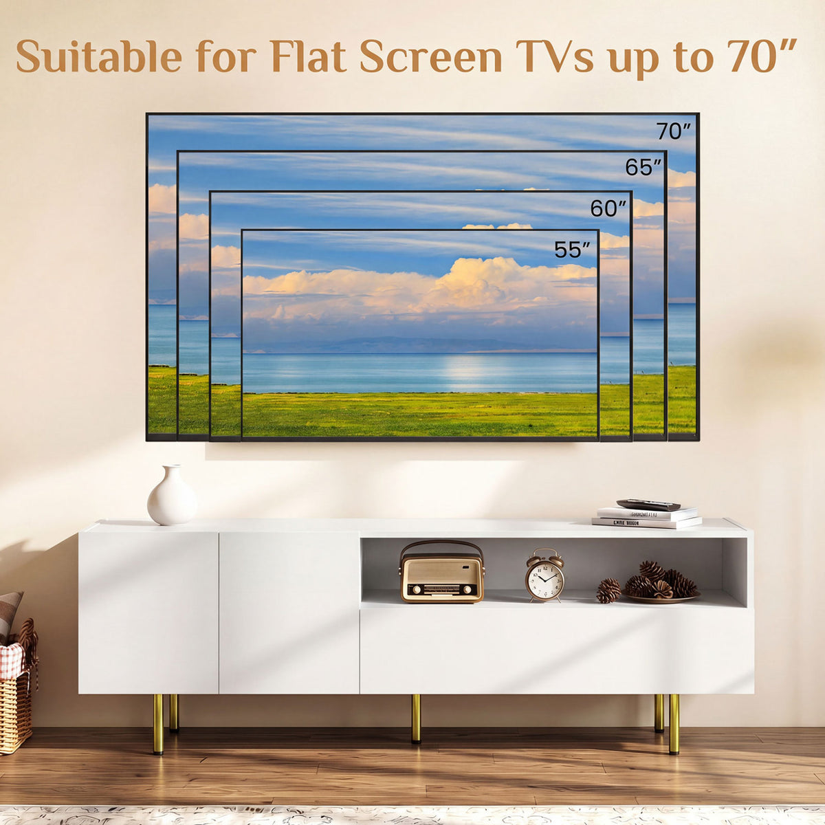 TV Stand for TVs up to 70 inches with Storage Cabinet and Raised Metal Legs-White view 8