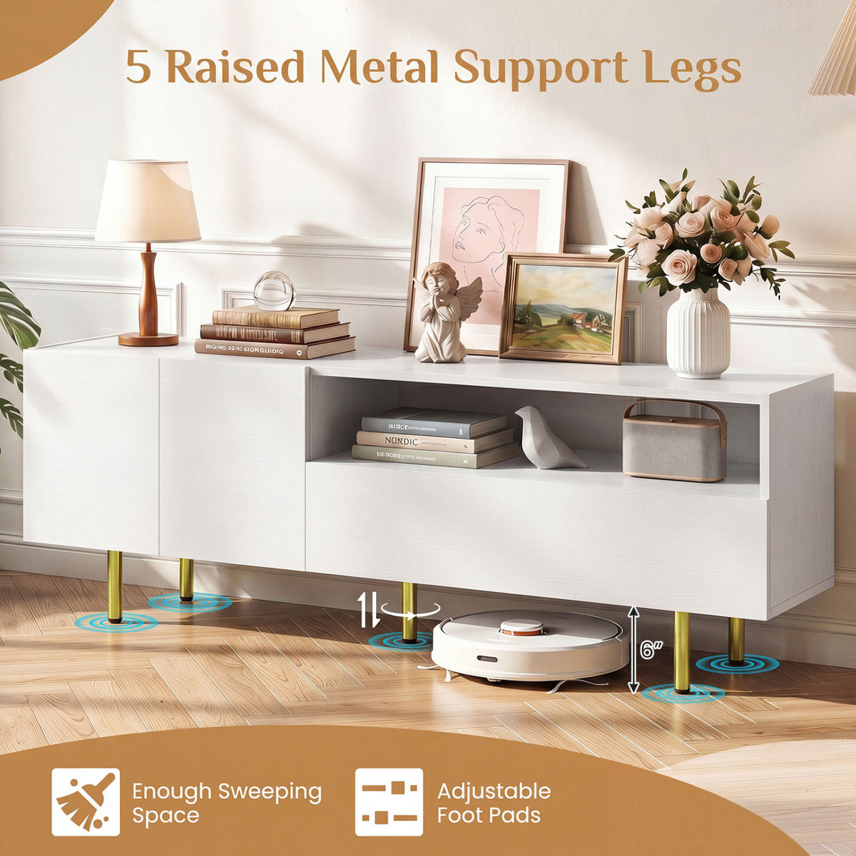 TV Stand for TVs up to 70 inches with Storage Cabinet and Raised Metal Legs-White view 9