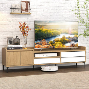 TV Stand for TVs up to 80 Inch Mid Century Modern Entertainment Center with Storage Cabinet-Natural view 2