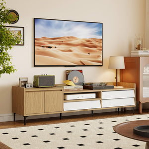 TV Stand for TVs up to 80 Inch Mid Century Modern Entertainment Center with Storage Cabinet-Natural view 3