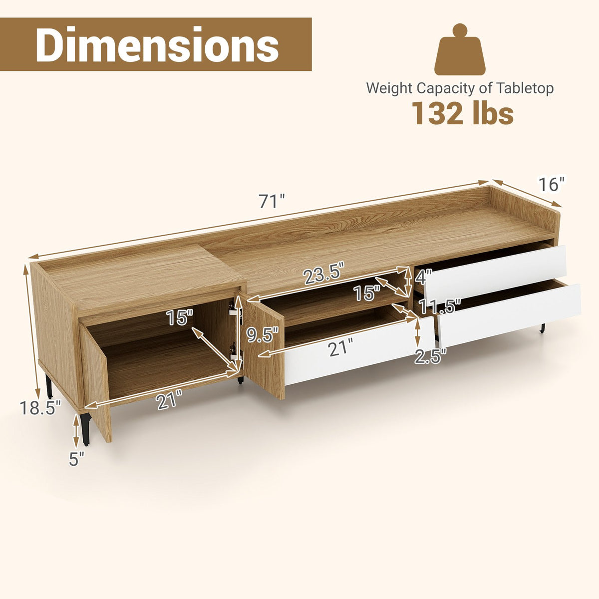 TV Stand for TVs up to 80 Inch Mid Century Modern Entertainment Center with Storage Cabinet-Natural view 5