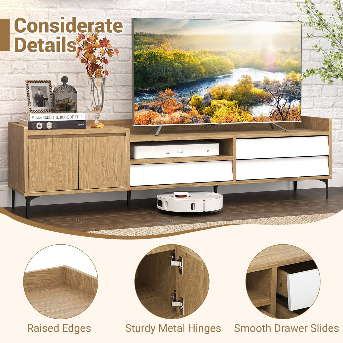 TV Stand for TVs up to 80 Inch Mid Century Modern Entertainment Center with Storage Cabinet-Natural view 7