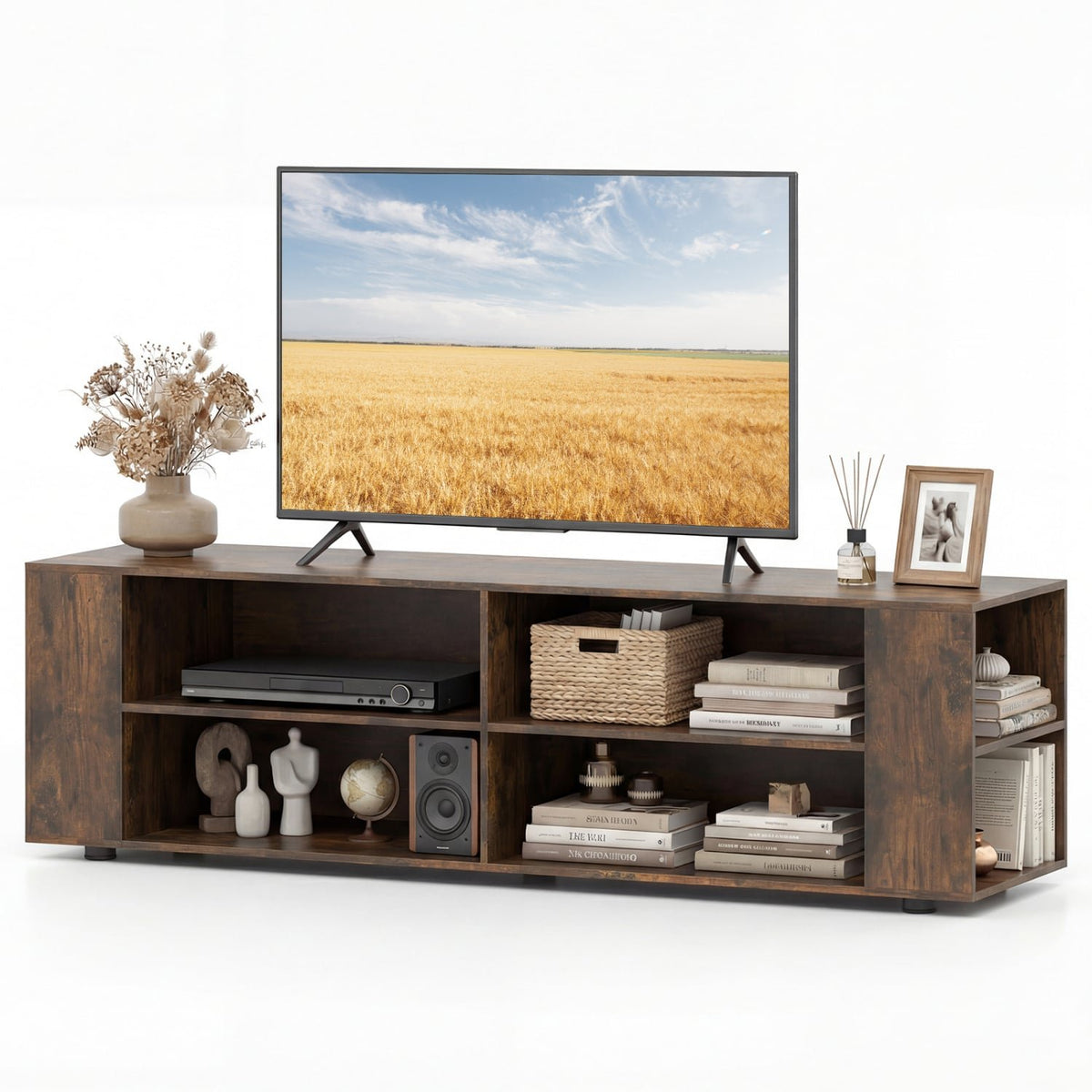 59 Inch Console Storage Entertainment Media Wood TV Stand-Walnut