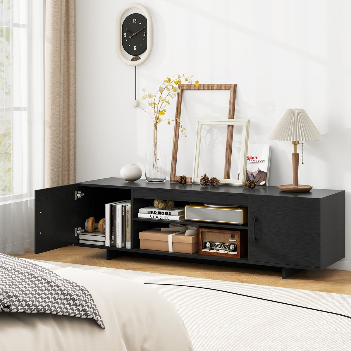 TV Stand with Power Outlet and 2 Cable Holes for 65 Inch TVs-Black view 2
