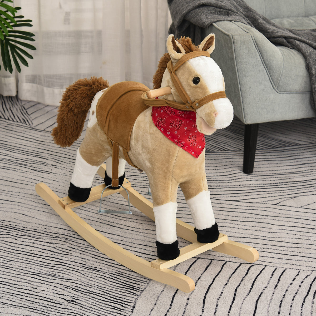 Qaba Kids Plush Ride-On Rocking Horse Toy Cowboy Rocker with Fun Realistic Sounds for Child 3-6 Years Old
