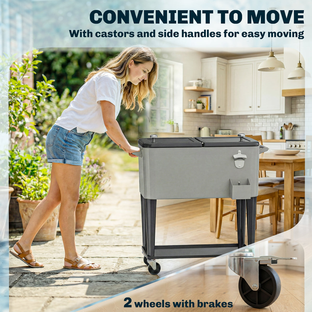 80 Quart Rolling Patio Cooler Cart with Storage Shelf, Patio Cooler with Locking Wheels, Bottle Opener & Cap Catcher