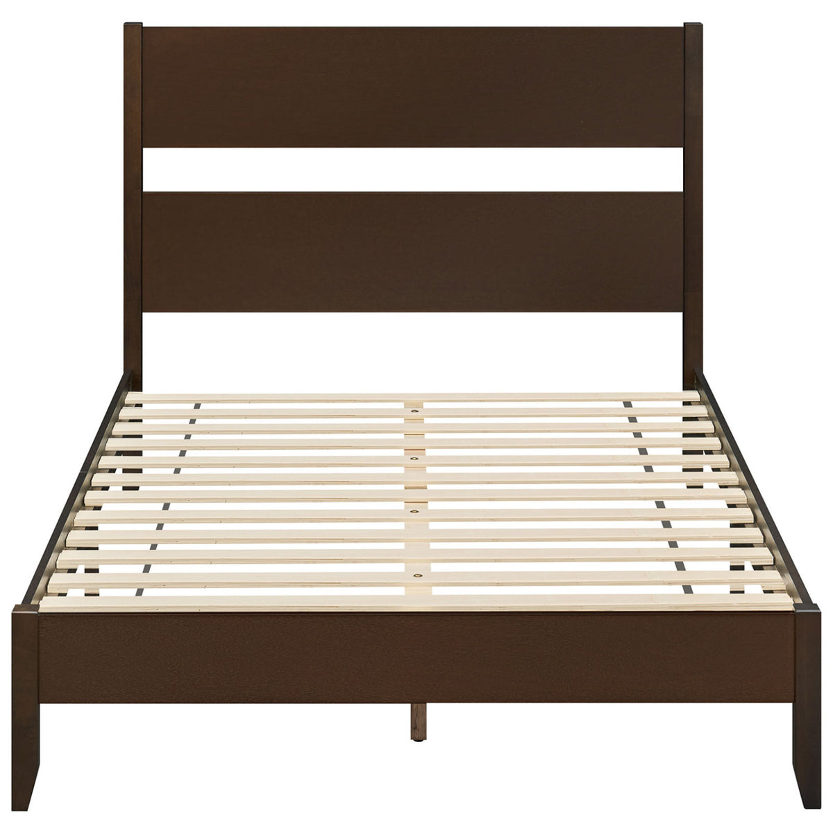 Full Bed Frame with Headboad and Solid Wood Legs 12 Slats-Dark Walnut