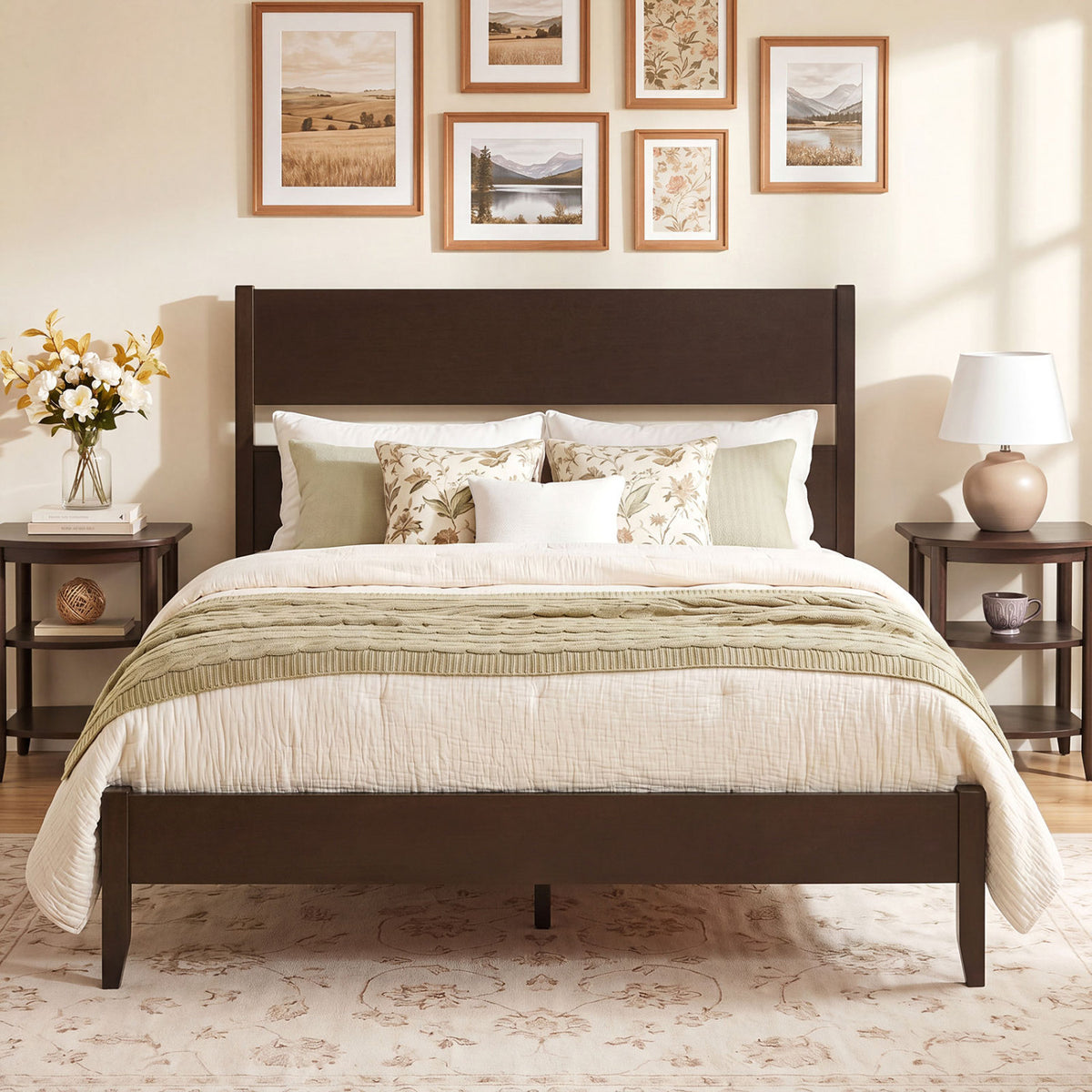 Full Bed Frame with Headboad and Solid Wood Legs 12 Slats-Dark Walnut view 2
