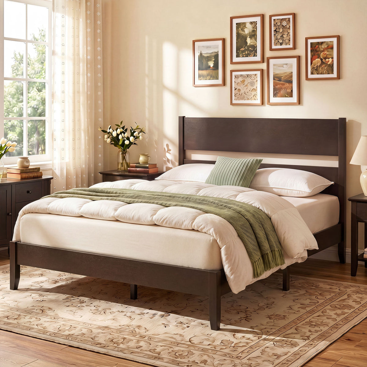 Full Bed Frame with Headboad and Solid Wood Legs 12 Slats-Dark Walnut view 3