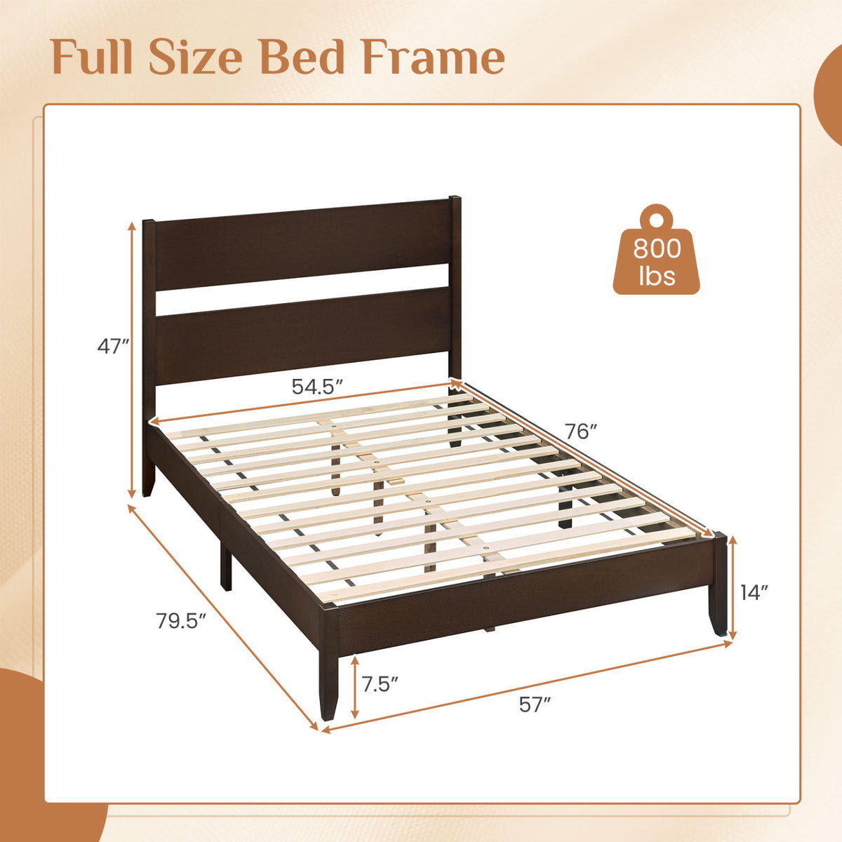 Full Bed Frame with Headboad and Solid Wood Legs 12 Slats-Dark Walnut view 4