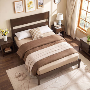 Full Bed Frame with Headboad and Solid Wood Legs 12 Slats-Dark Walnut view 5