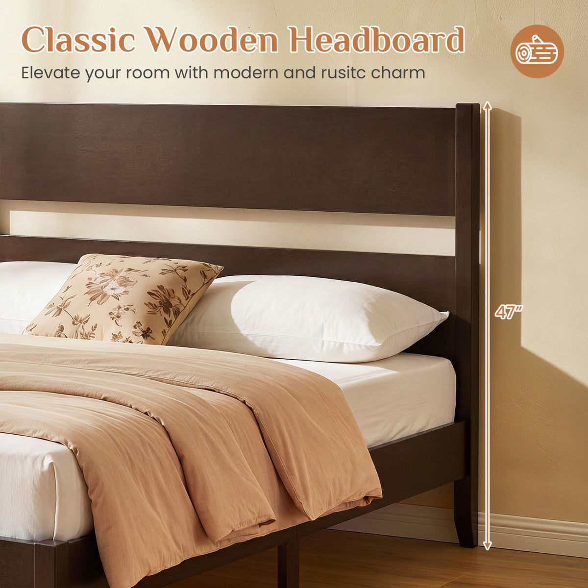 Full Bed Frame with Headboad and Solid Wood Legs 12 Slats-Dark Walnut view 6