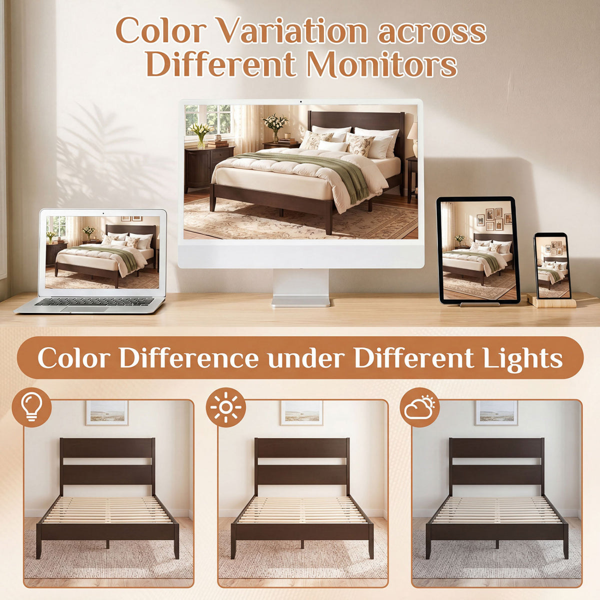 Full Bed Frame with Headboad and Solid Wood Legs 12 Slats-Dark Walnut view 8