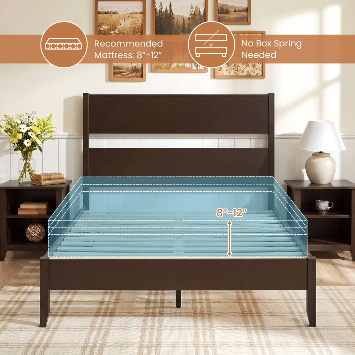 Full Bed Frame with Headboad and Solid Wood Legs 12 Slats-Dark Walnut view 9