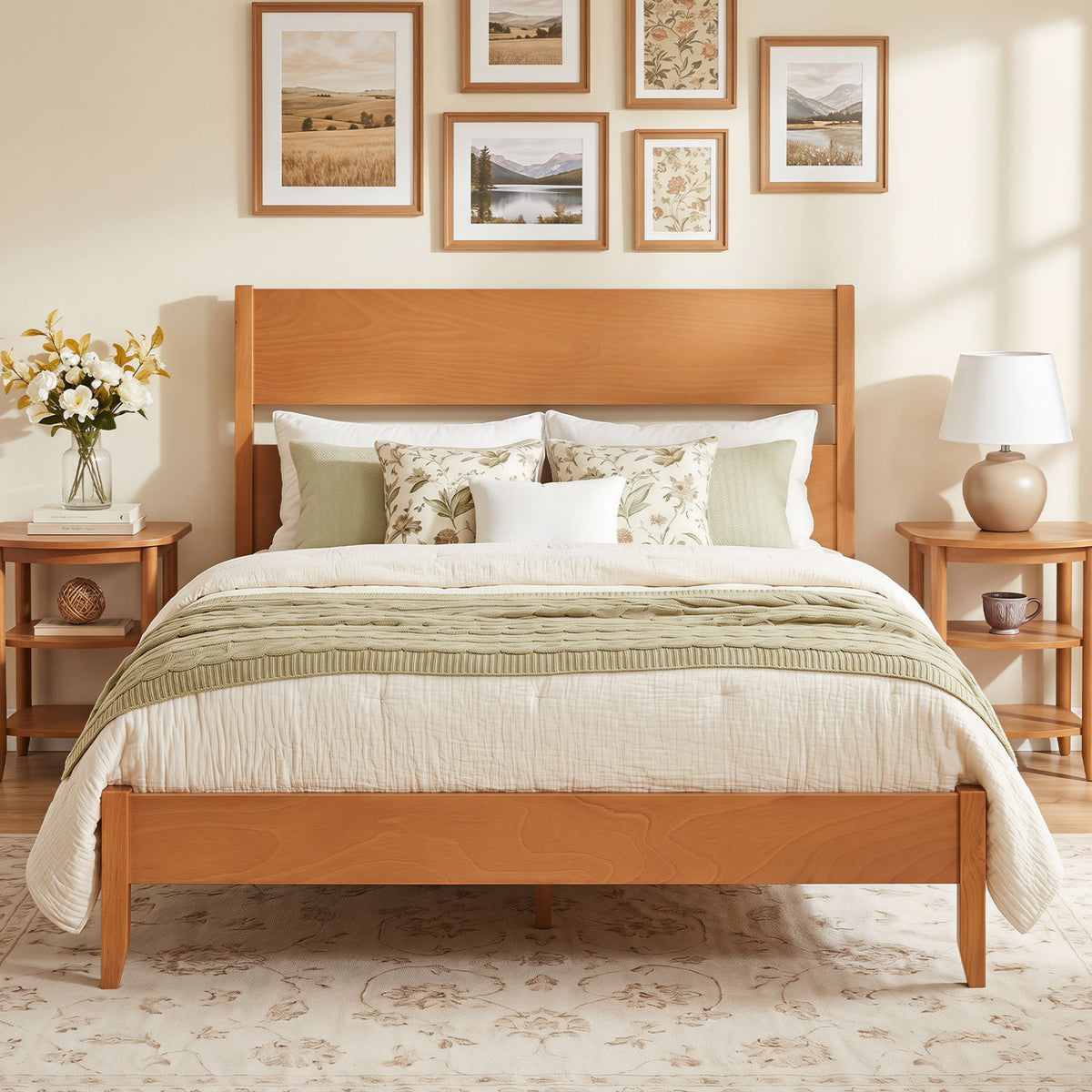 Full Bed Frame with Headboad and Solid Wood Legs 12 Slats-Warm Brown view 2