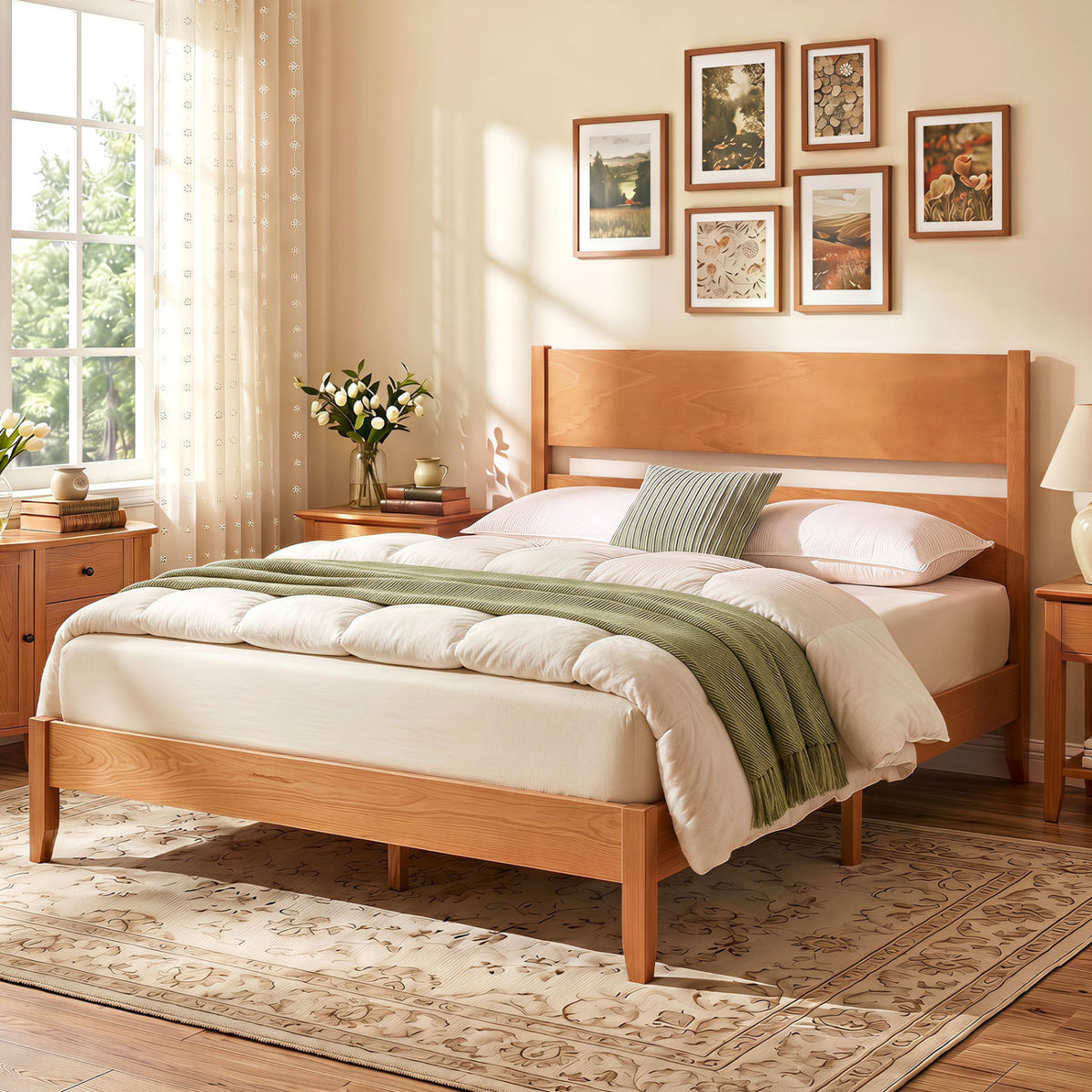 Full Bed Frame with Headboad and Solid Wood Legs 12 Slats-Warm Brown view 3