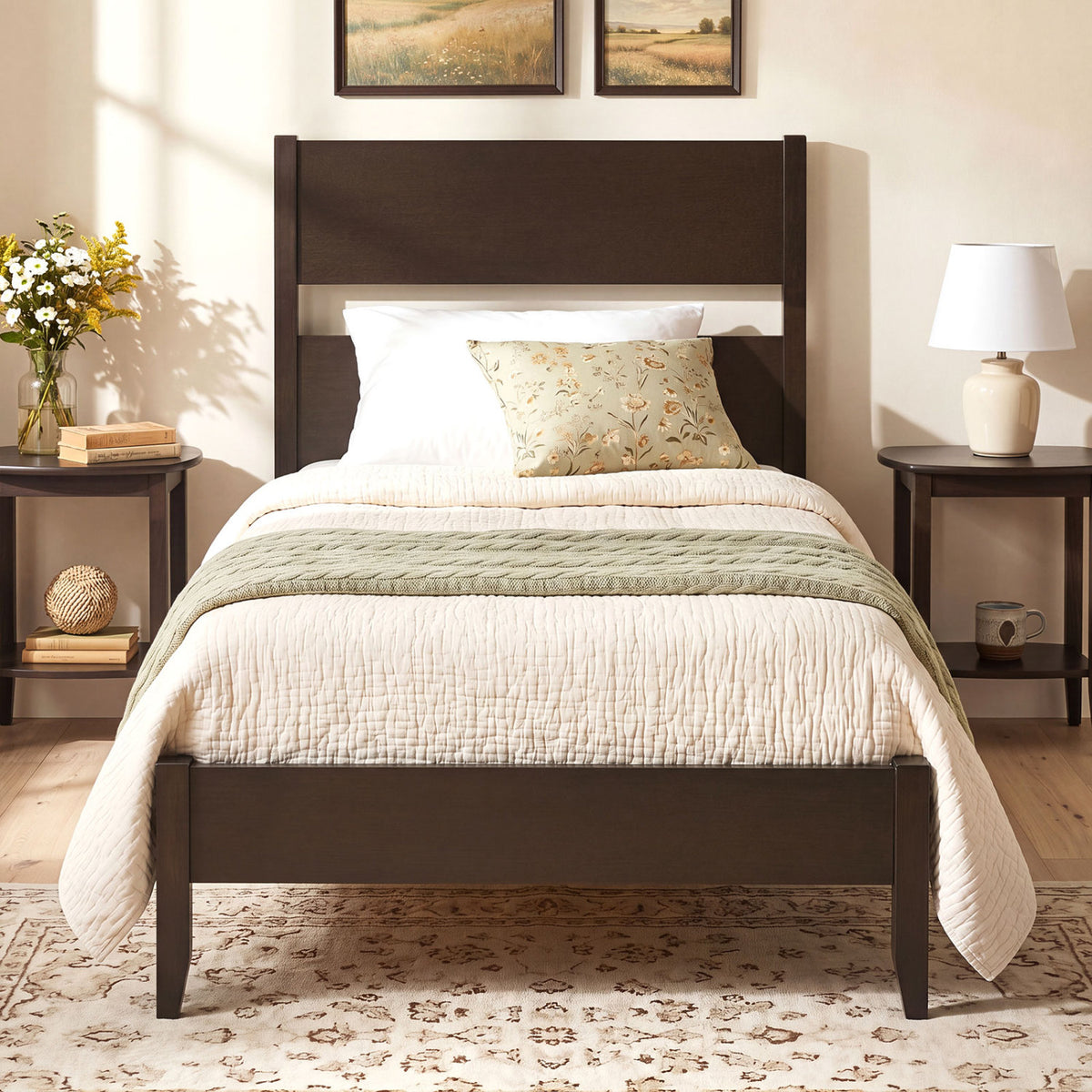 Twin Bed Frame with Headboard with Solid Wood Legs 12 Slats-Rustic Brown-Dark Walnut view 2