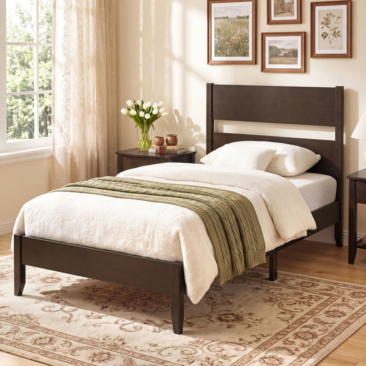 Twin Bed Frame with Headboard with Solid Wood Legs 12 Slats-Rustic Brown-Dark Walnut view 3