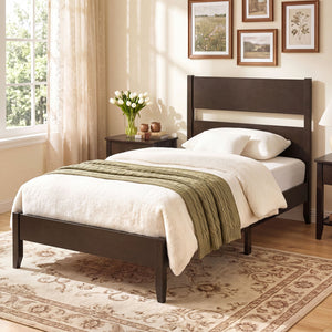 Twin Bed Frame with Headboard with Solid Wood Legs 12 Slats-Rustic Brown-Dark Walnut view 3