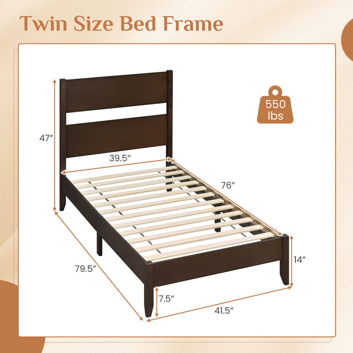 Twin Bed Frame with Headboard with Solid Wood Legs 12 Slats-Rustic Brown-Dark Walnut view 4