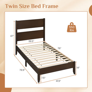 Twin Bed Frame with Headboard with Solid Wood Legs 12 Slats-Rustic Brown-Dark Walnut view 4