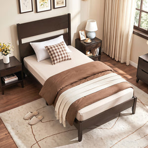 Twin Bed Frame with Headboard with Solid Wood Legs 12 Slats-Rustic Brown-Dark Walnut view 5